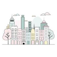 Illustration in a simple, minimal geometric style - a cityscape with buildings and trees, presented as a horizontal banner. vector
