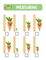 Measuring length with ruler. Education developing worksheet. practice sheets.Carrot measurement in inches vector