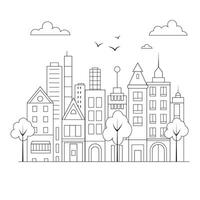 Outline Illustration in a simple, minimal geometric style - a cityscape with buildings and trees, presented as a horizontal banner. vector