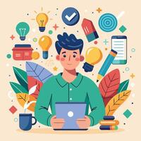 a man is sitting in front of a laptop with a bunch of icons around him vector