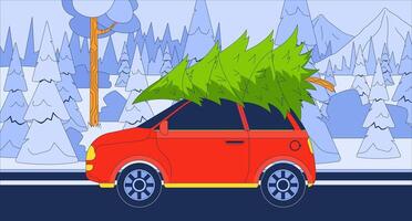 Carrying Christmas tree on car cartoon animation. Evergreen auto riding through winter woods 4K 2D motion graphic. Transporting fir spruce on automobile roof animated object on forest background vector