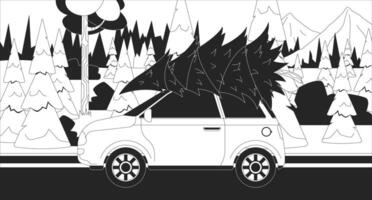 Carrying Christmas tree on car black and white line illustration. Transporting fir spruce on automobile roof 2D object monochrome background. Auto riding through winter woods outline image vector