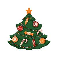 Christmas tree with colorful ball, garland light, golden star in cartoon style. Spruce, evergreen tree design for greeting card, poster, invitations isolated on a white background. vector