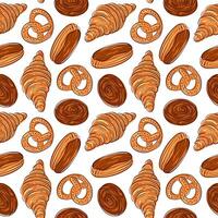 Seamless pattern with croissant, pretzel, eclair, cinnamon roll. Design for bakery, backgrounds packaging, and food projects. Cartoon style. vector