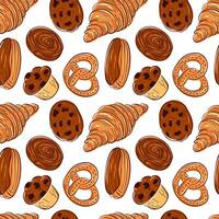 Seamless pattern with bakery food croissant, pretzel, roll, eclair, muffin, chocolate cookie chip in flat style. Colorful design for packaging, backgrounds, menu, cafe, restaurant on white background. vector