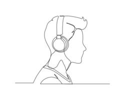A side view of a man wearing headphones. continuous line drawing of a modern audio technology and personal listening experiences. vector