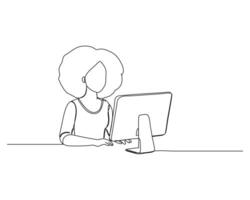 Simple line drawing of a person sitting at a desk using a laptop, Modern work and study environments using technology vector