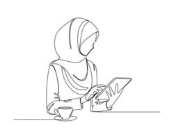 Line drawing of a female muslim wearing a hijab, sitting at a table with a cup of coffee and interacting with a tablet, symbolizing modern technology use and inclusivity. vector