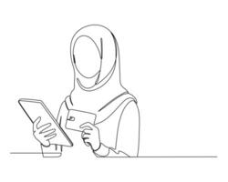 Line drawing of A young Muslim female on hijab, holding a tablet in one hand and a card in the other, symbolizing modern technology and digital transactions. vector