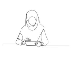 Line drawing of a person wearing a hijab, sitting at a table and interacting with a tablet, symbolizing modern technology use and inclusivity. vector