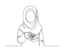 Young Muslim woman wearing a hijab, operating a tv remote control. Simple hand drawn style continuous line drawing in technology theme illustration vector