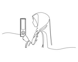 line drawing of a young woman wearing a hijab and looking at a mobile phone, symbolizing modern technology use and digital connectivity. vector
