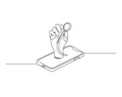 A continuous line drawing of a hand holding a stethoscope emerging from a smartphone screen, representing the fusion of technology with everyday life and the seamless link between digital and physical vector