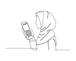 Minimalist line drawing of a person wearing a hijab and holding remote control, symbolizing modern technology use and digital connectivity. vector