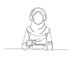 Line drawing of a person wearing headphones and a hijab, sitting at a table and eating from a bowl with utensils, symbolizing modern lifestyle and inclusivity. vector