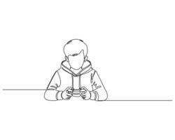 A continuous line drawing of a boy in a hoodie playing a mobile game console, highlighting the integration of modern technology and gaming in everyday life vector