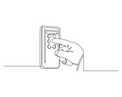Line drawing of a hand interacting with a smartphone, symbolizing modern technology and mobile device usage. vector