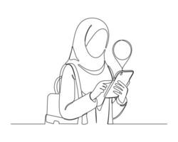 Line drawing of a person wearing a hijab, holding a mobile phone in one hand and a magnifying glass in the other, symbolizing modern technology use and attention to detail. vector