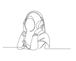 Line drawing of a person wearing headphones, resting their head in their hands with elbows on a surface, symbolizing relaxation or deep listening. vector