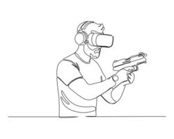 A continuous line drawing of a person with VR goggles and a VR controller, highlighting the immersive nature of modern technology and gaming experiences vector