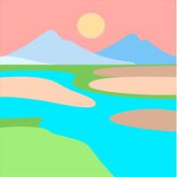 Serene Landscape with a River Flowing Through Mountains. A simple, minimalist illustration of a serene landscape with a river flowing through mountains under a bright sky. vector