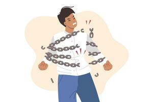 Brave man breaks chains symbolizing NDA contract in business, wanting to restore own rights vector