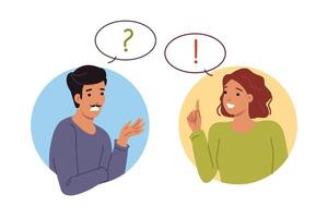 Conversation man and woman discussing important question together to find correct answer vector
