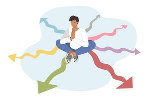 Man meditates sitting on crossroads and pondering path for development and right direction growth vector