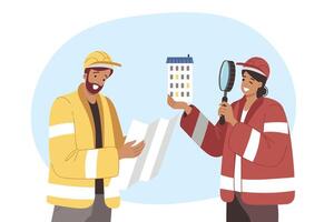 Builder and architect or engineer demonstrate teamwork by holding construction drawings vector