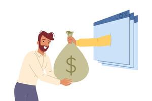 Man makes money on internet, and receives bag of dollars from hand sticking out of computer windows vector