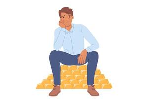 Rich man sits on gold bars and is sad due to lack of knowledge where to invest money vector