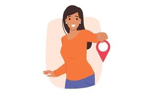 Woman with GPS pin in hands smiles, indicating delivery address or helping with navigation. vector