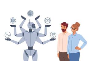 Synergy between multitasking robot and successful business people using modern technologies vector