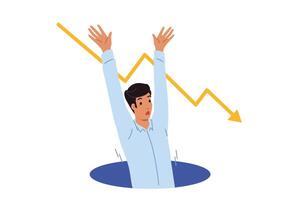 Man falls into crisis pit and raises hands up calling for help to avoid bankruptcy vector