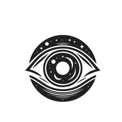 An eye with stars and planets in the background