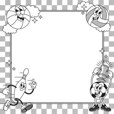 Retro Frame Background Blanck and white with Happy Ball Mascot