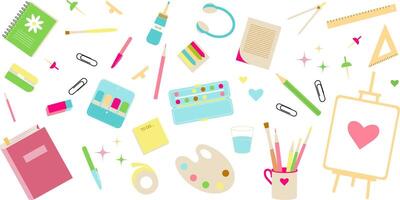 Stationary, art, science or back to school set with ruler, paper, book, notebook, markers, clip, stickers, compass, headphone, canvas, tape, palette, to do list, stapler, brushes, eraser, glue. vector