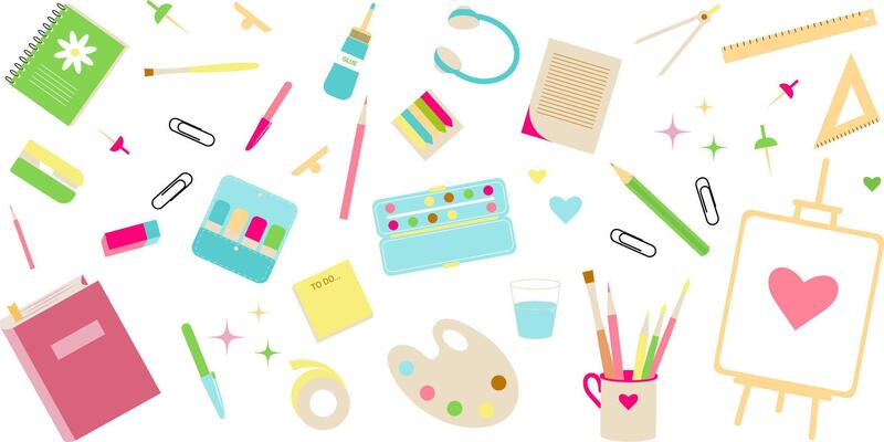 Stationary, art, science or back to school set with ruler, paper, book, notebook, markers, clip, stickers, compass, headphone, canvas, tape, palette, to do list, stapler, brushes, eraser, glue.