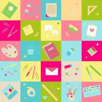 Stationary, science or back to school square seamless pattern with glue, notebook, clip, stickers, eraser, pencil, pen, brush, paper stapler and pins. vector