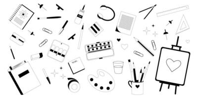 Stationary, art, science or back to school graphic set with ruler, paper, book, notebook, markers, clip, compass, headphone, canvas, palette, to do list, stapler, brushes, eraser, glue. vector
