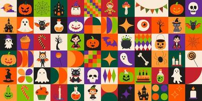 A colorful and vibrant image of Halloween decorations, including pumpkins, witches, ghosts, and other spooky creatures. The image is a collage of various Halloween-themed elements, creating a festive vector