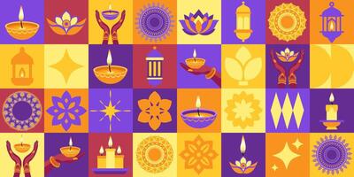Happy Diwali icons elements with geometric pattern. A colorful image of various symbols and patterns, including a hand holding a candle, is displayed in a grid. Concept of celebration and festivity vector