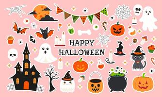 A collection of Halloween stickers with a pink background. The stickers include a pumpkin, a cat, a witch, a ghost, a skeleton, a bat, a candle, and a skull vector