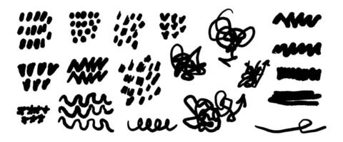 A collection of black and white drawings with various shapes and lines. The drawings are messy and chaotic, with some resembling waves and others resembling tangled hair vector