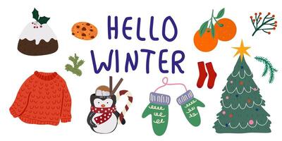 Merry Christmas and Happy New Year flat elements in retro style. Winter holiday. Tangerine, marshmallow cocoa, Christmas cupcake, winter stuff. Attributes of the New Year holiday vector