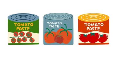 Canned food with tomatoes in different banks. Tomato paste tin can flat icons. Tomato paste for pizza and pasta vector