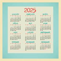 2025 Year Calendar Retro. Week Starts on Sunday. Simple Planner Template with 12 Month. Illustration vector
