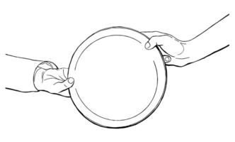 Sketch of a Person Hand Passing a Plate to Another Person. Outline Illustration vector