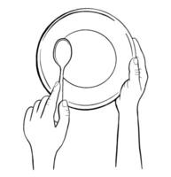 Chef Hands Holding a Plate and Spoon, Outline Sketch Illustration. Drawing for a Lefty vector