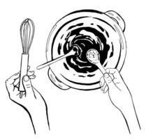Chef Hands Mixing Ingredients for Batter, Outline Sketch Illustration vector